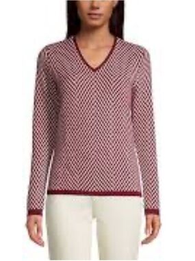 Lands' End Burgundy and White V-Neck cashmere Patterned Sweater XS